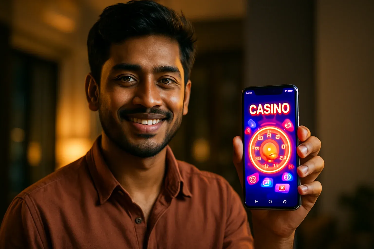 Young Bangladeshi man holding smartphone showing glowing mobile casino app interface