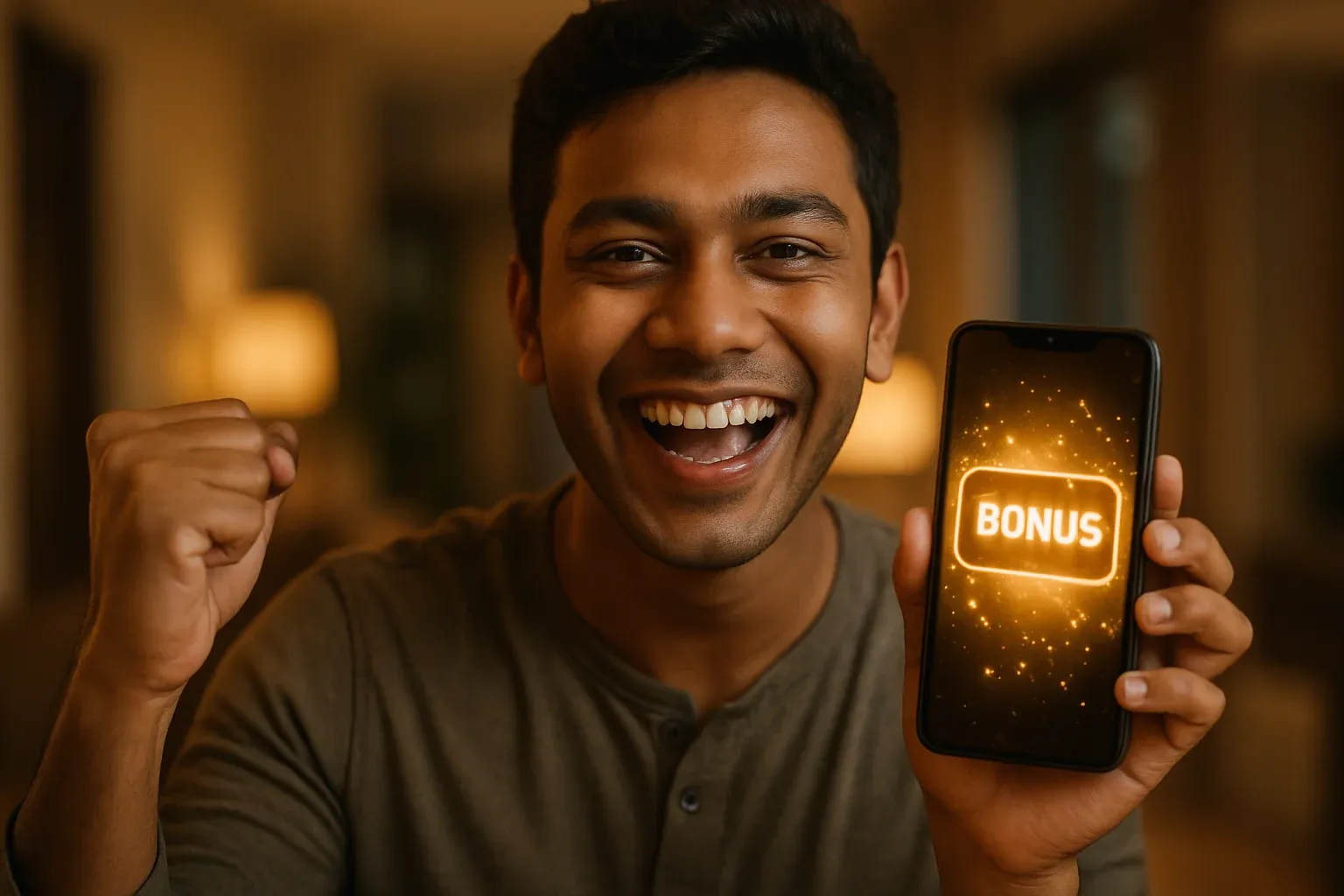 Joyful Bangladeshi man celebrating with smartphone showing glowing golden bonus notification