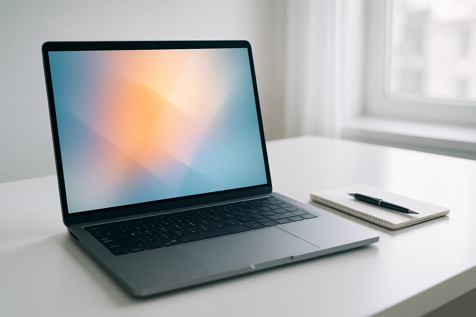 Modern laptop on white desk with abstract glowing screen in daylight