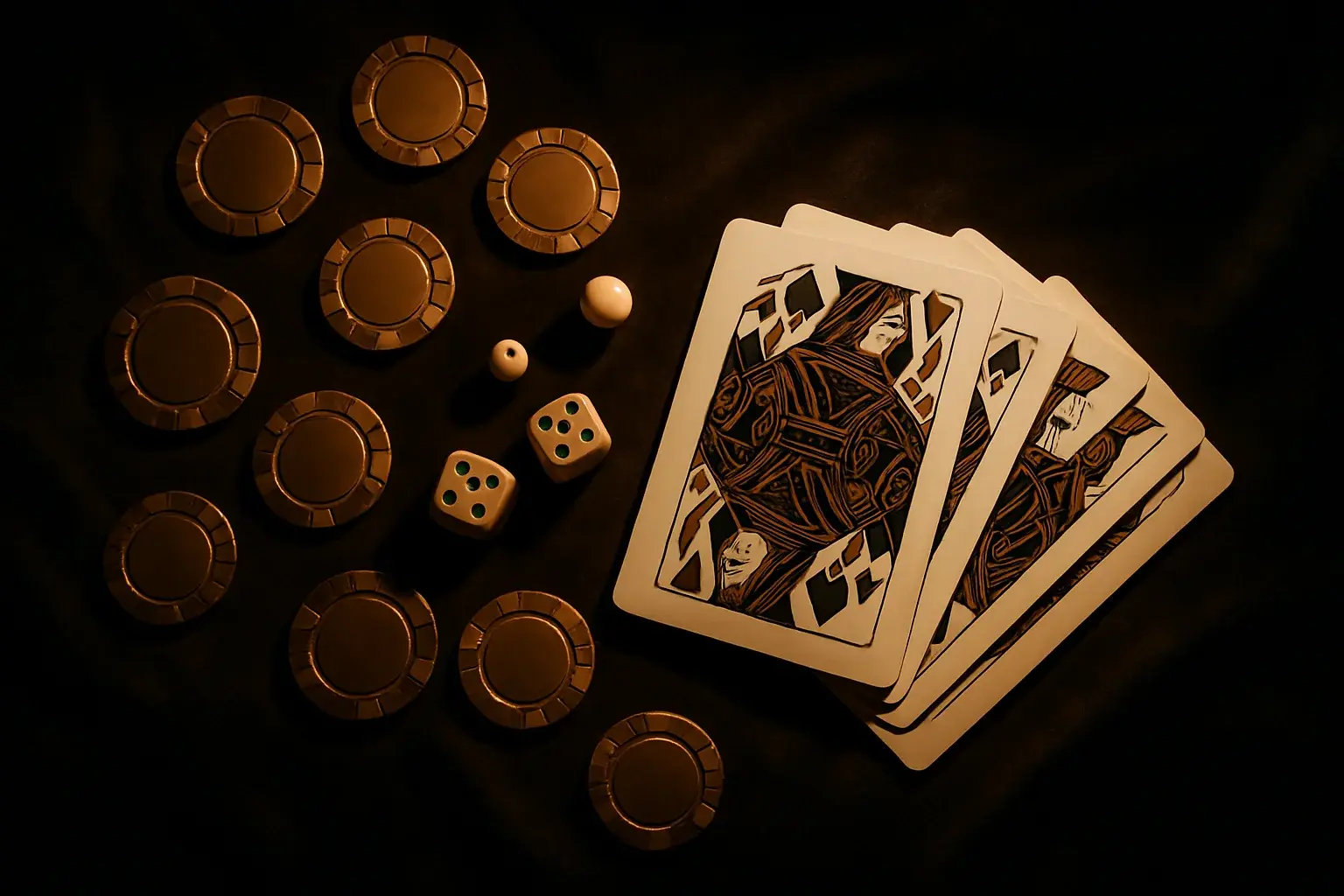 Top-down dark velvet casino scene with golden chips, cards, dice, roulette ball