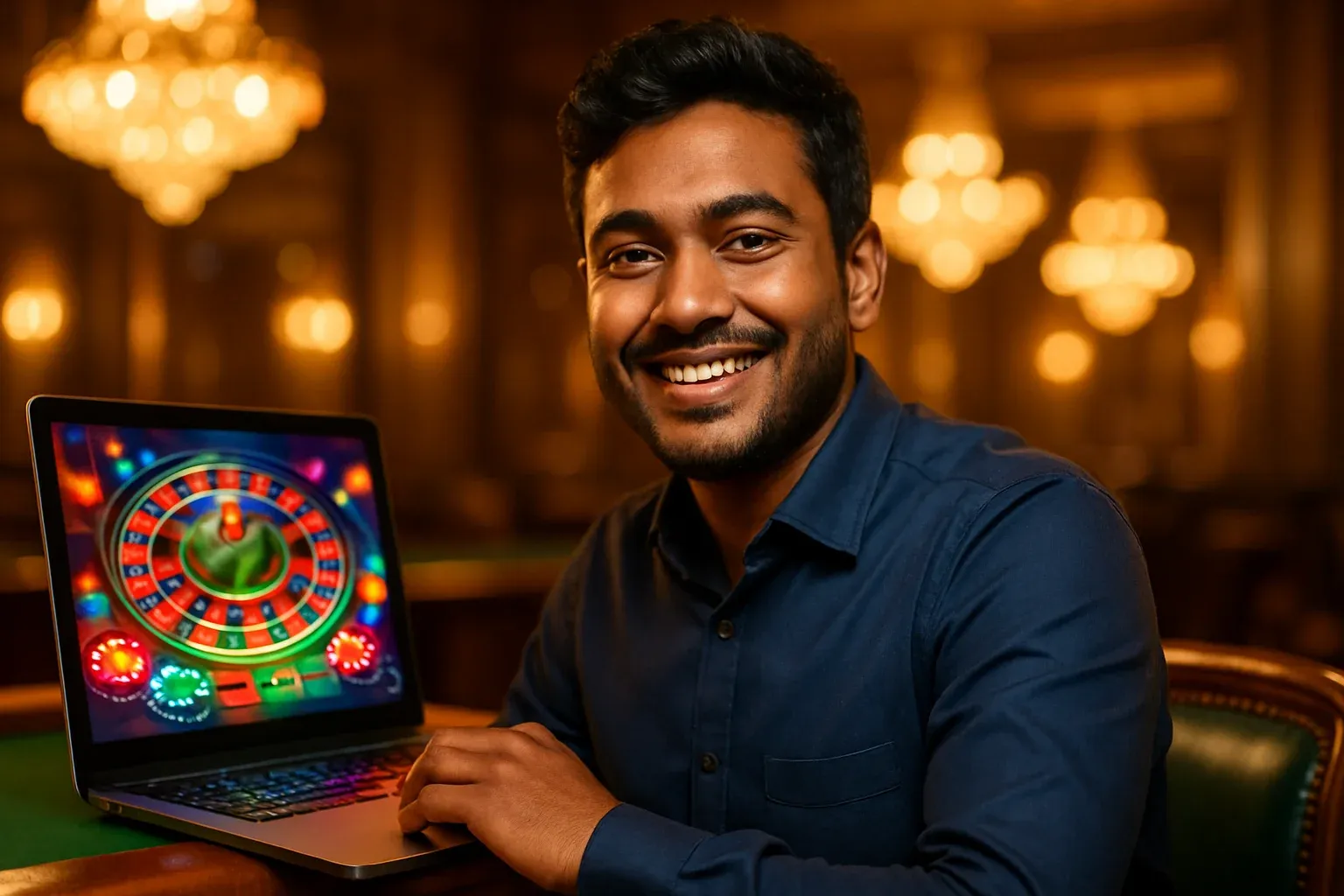Cheerful Bangladeshi man in navy shirt smiling at laptop in casino lounge