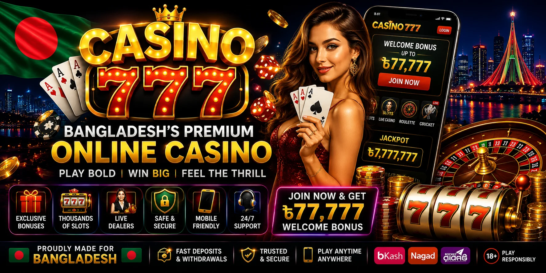 Cheerful young Bangladeshi man holding smartphone showing blurred casino app UI