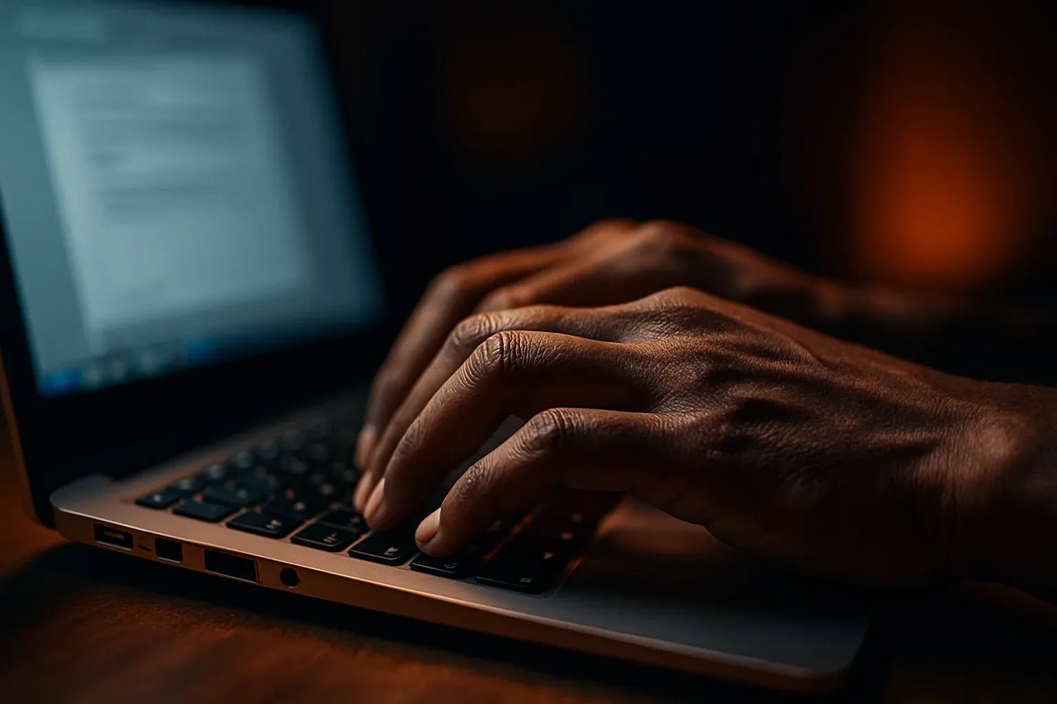 Bangladeshi man hands typing on laptop keyboard with dramatic side lighting