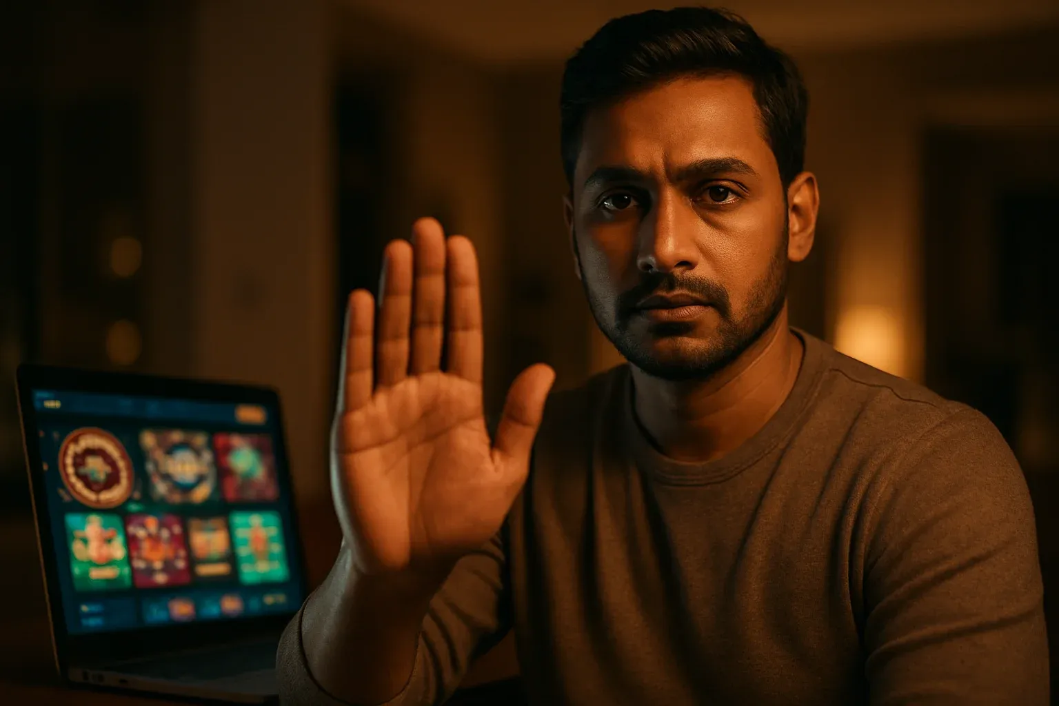 Bangladeshi man shows stop gesture beside laptop with blurred online casino