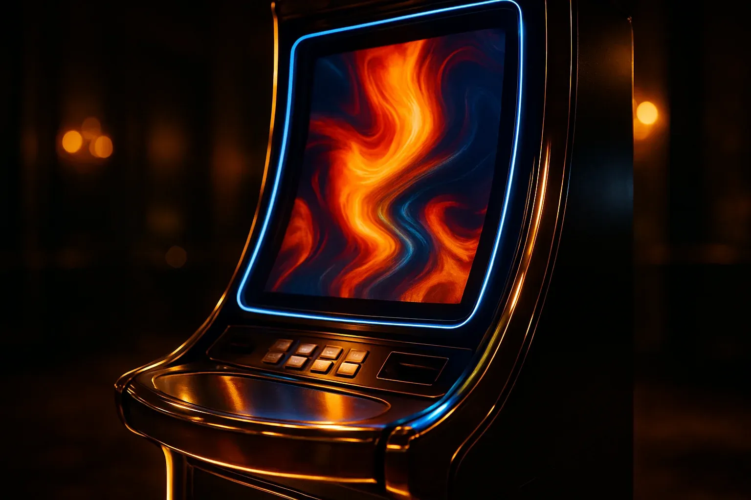 Hyperrealistic premium slot machine in dark luxury setting with neon lighting